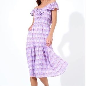 Oliphant Ruffle Kerala Blue Midi Dress XS Pink and Blue EUC